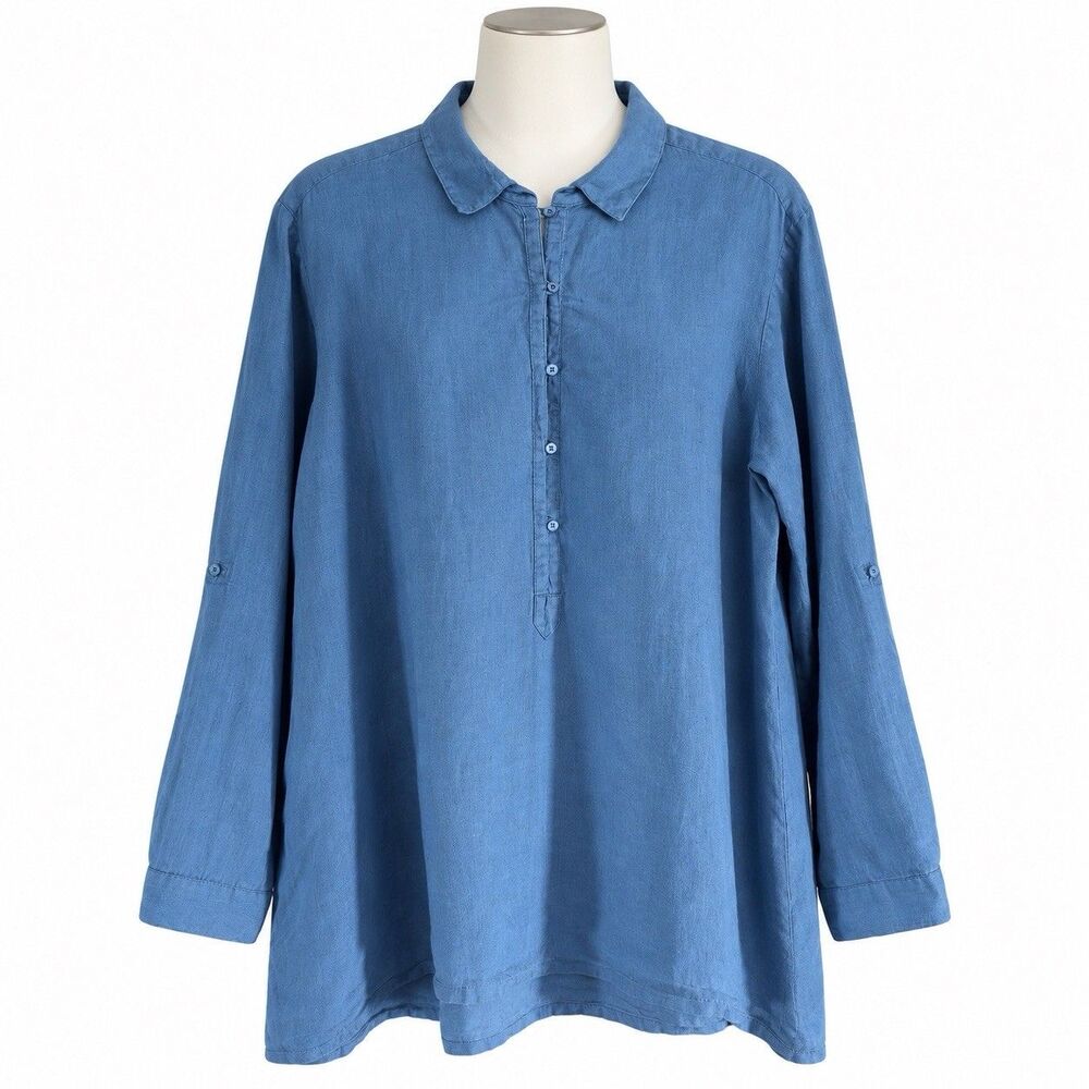 Eileen Fisher Langenlook Irish Linen Blue Tunic Shirt Women’s M Roll Tab Sleeve